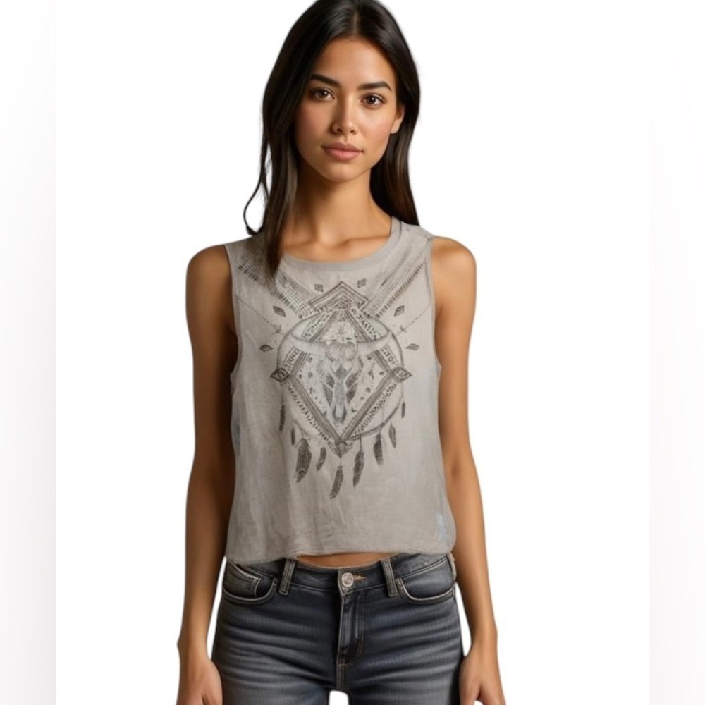 FOREVER 21 Grey Graphic Print Side Cut Out Cropped Casual Top S